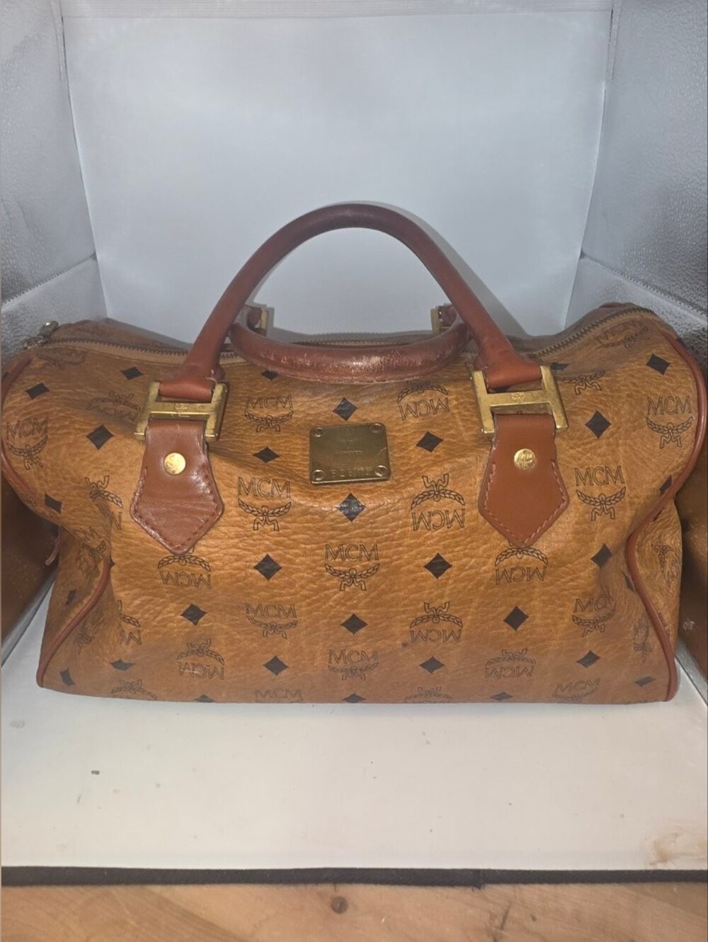 MCM Cognac Visetos Monogram Travel Duffel with Gold Hardware